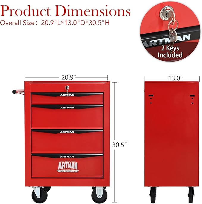RYH 4 Drawers Rolling Tool Chest - Heavy Duty Mobile Tool Cart with Locking Wheels & Ball Bearing Drawers, 30.5 H x 20.9 W x 13 D Garage Tool Storage Cabinet (Red, 4 Drawers)