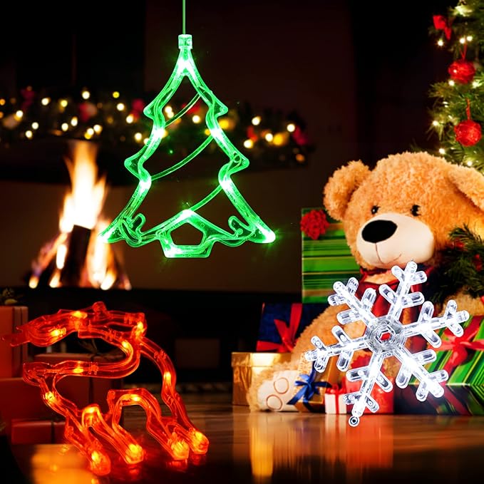 LOLStar Christmas Decorations, 3 Pack Reindeer, Christmas Tree, and Snowflake Window Lights with Suction Cup, Timer Function & Slow Fade Mode Battery Operated Indoor Lights for Christmas Eve New Year