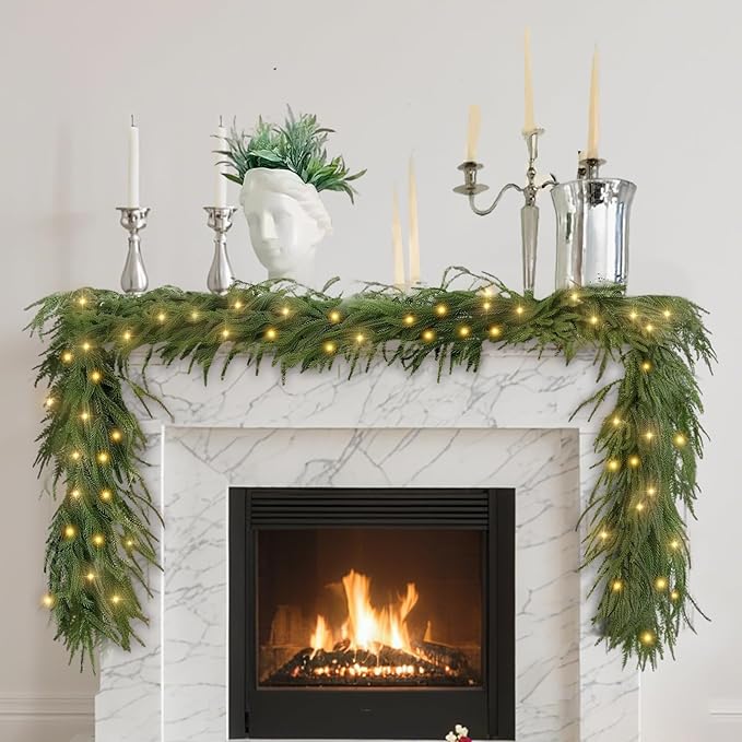9 Ft Norfolk Pine Garlands, Real Touch Winter Pine Garland, Dense Green Artificial Greenery Garland for Table, Mantle, Staires, Wall, Indoor, Outdoor Christmas Decorations
