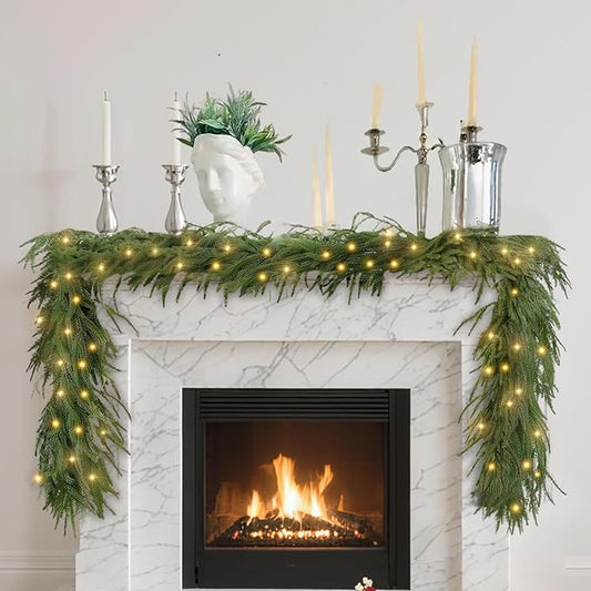 9 Ft Norfolk Pine Garlands, Real Touch Winter Pine Garland, Dense Green Artificial Greenery Garland for Table, Mantle, Staires, Wall, Indoor, Outdoor Christmas Decorations