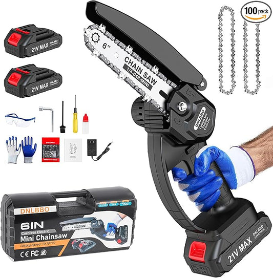 Mini Chainsaw Cordless, 6 Inch Chain Saw Cordless, 700W Powerful Electric Handheld Chainsaw, with 2 Batteries and 2 Chains, Tree Trimmer Gardening Tools Gift for Men, Father, Dad