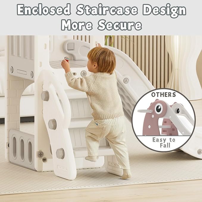 XJD 5 in 1 Toddler Slide, Kids Slide for Toddlers Age 1-3, Outdoor Indoor Playset for Toddlers with Basketball Hoop and Ball, Storage Space Christmas Birthday Gifts for Toddler (Gley)