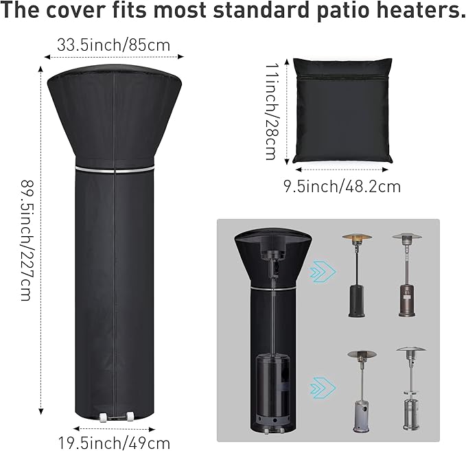 Patio Heater Covers with Reflective Strip,Outdoor Heater Cover Waterproof,Dustproof,Wind-Resistant,Sunlight-Resistant,Snow-Resistant,Black,89.5''x 33.5 Dome x 19.5 Base