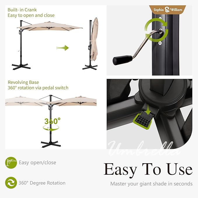 Sophia & William Cantilever Patio Umbrella 10ft, Large Square Outdoor Umbrellas with Crank Handle, 7-Level Tilt,360° Rotation, Windproof, Crashproof,Design for Pool Garden Backyard (Beige)