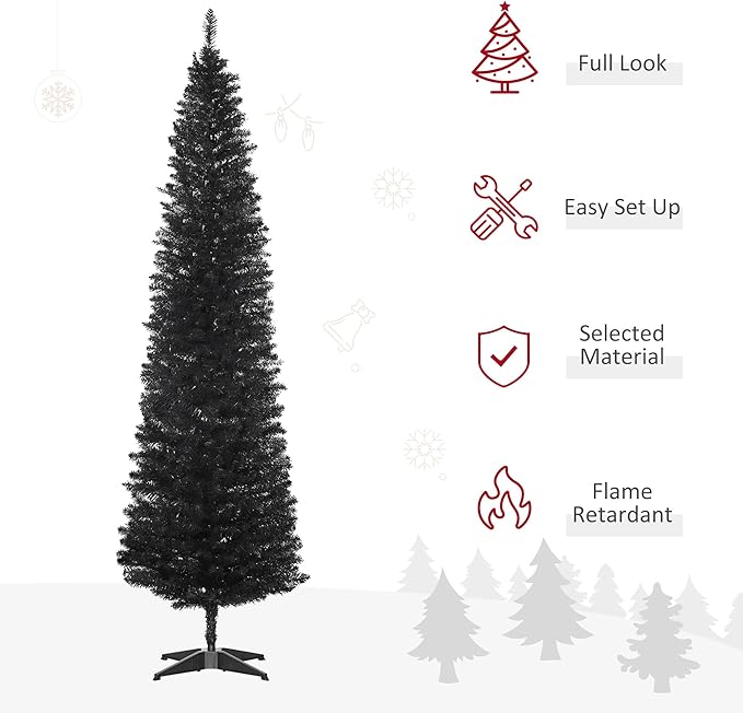 HOMCOM 7' Artificial Pencil Christmas Tree, Slim Xmas Tree with 499 Realistic Branch Tips and Plastic Stand, Black