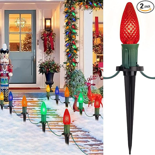 C9 Christmas Pathway Lights Outdoor, 25.7 Feet 20 LED C9 Strawberry Walkway Lights with Marker Stakes, Connectable Shatterproof C9 String Lights for Outside Yard Decorations, Multicolored, 2 Pack