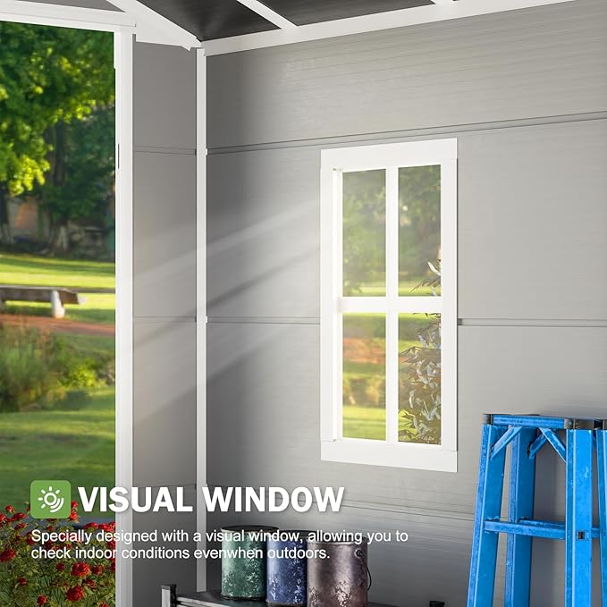 HUSFU 8x6 FT Outdoor Storage Shed with Floor and Lockable Door,Waterproof Resin Tool Shed for Garden, Backyard, Patio,Perfect to Store Patio Furniture,Light Grey