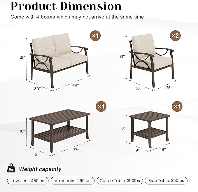 5-Piece Outdoor Patio Furniture Set, Outdoor Metal Sectional Furniture with Cushions, Outdoor Conversation Seating Set with Side Table for Backyard, Garden, Balcony, Deck, Khaki