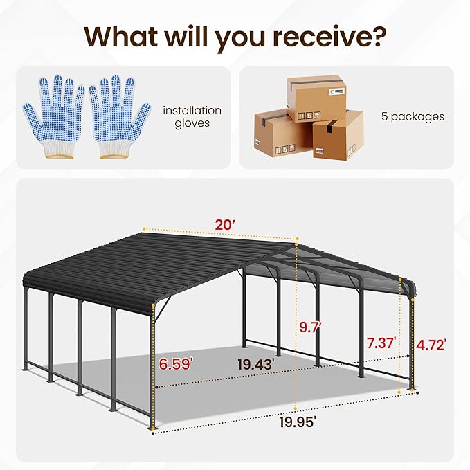 Wisteria Lane 20'x20' Metal Carport with Updated Roof & Enhanced Base, Heavy Duty Canopy Carport Garage, Vertaile for Car, Truck, Boat, Tractors, Party, Dark Gray