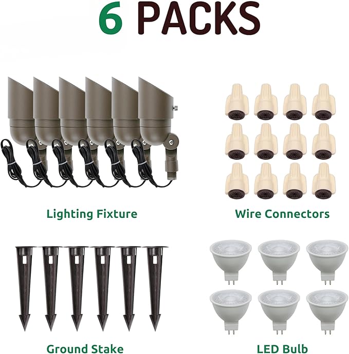 Lumina Lighting® 4W Landscape Lighting 12V Landscape Lights Low Voltage Landscape Spotlights Warm White Waterproof Outdoor Replaceable LED Bulb for Garden, Lawn, Porch, Patio and Yard (Bronze, 6-Pack)