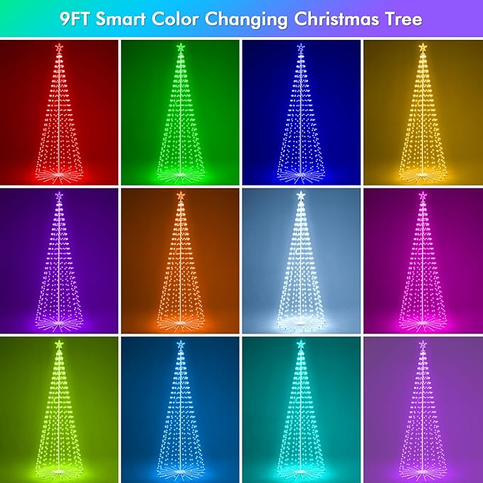 9FT Outdoor Christmas Tree, RGB Color Changing Pre-lit Smart Cone Christmas Tree with LED Lights, App&Remote Control, DIY Multi-Color Lightshow, Music Sync, Christmas New Year Decoration