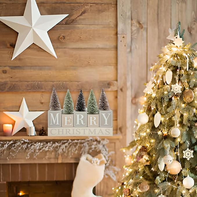 Christmas Decorations for Home Farmhouse Merry Christmas Tree Decor Wooden Winter Rustic Sign Vintage Holiday Tabletop Block for Kitchen Xmas Party Mantel Tiered Tray Gift