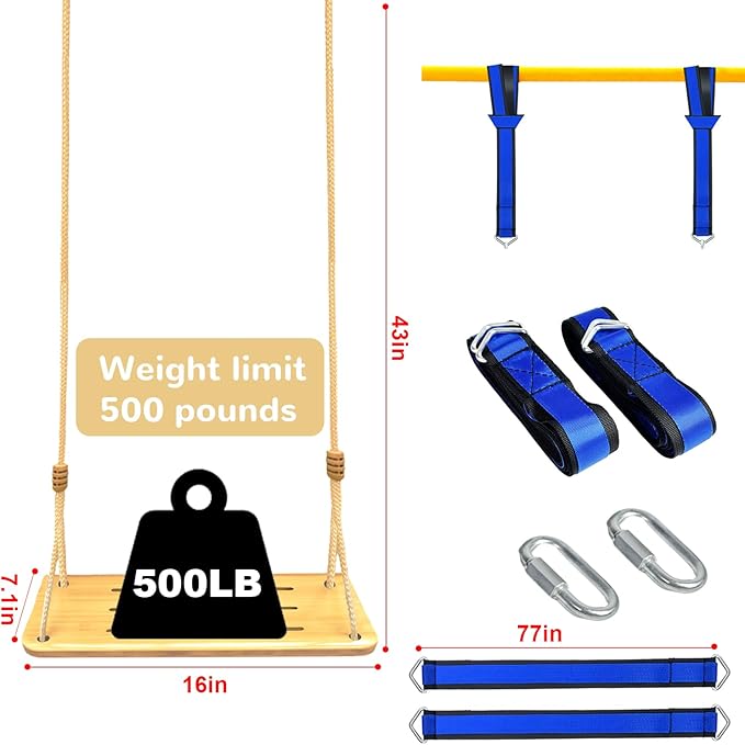 500LBS Waterproof Wooden Swing Seat Hermetic Oil Sealing for Outdoor Indoor, 16 x 7 x 0.8 Adjustable Hanging Tree Straps for Adults & Kids, Bamboo Wood Swing Set Accessories for Backyard Playground