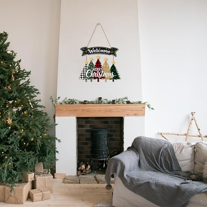 Merry Christmas Wreath Hanging Sign For Front Door, Wooden Welcome Sign With Christmas Tree For Festive Office Rustic Farmhouse Wall Window Decoration (Tree)