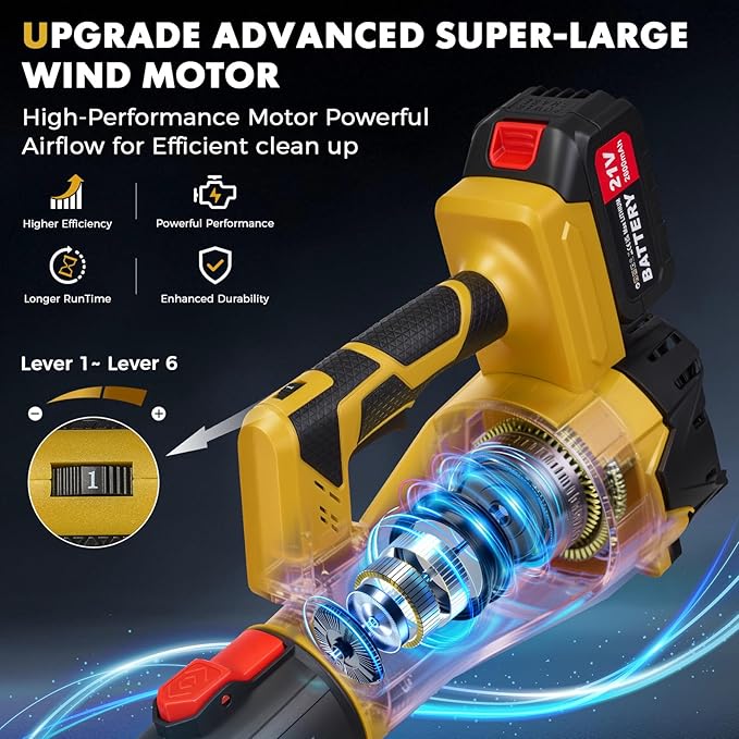 21V Cordless Leaf Blower with 2.6Ah Battery & Charger, 200MPH High-Velocity Electric Leaf Blower, 6-Speed Power Handheld Blower for Lawn Care, Grass Clippings, Pine Needles & Driveway, Yellow