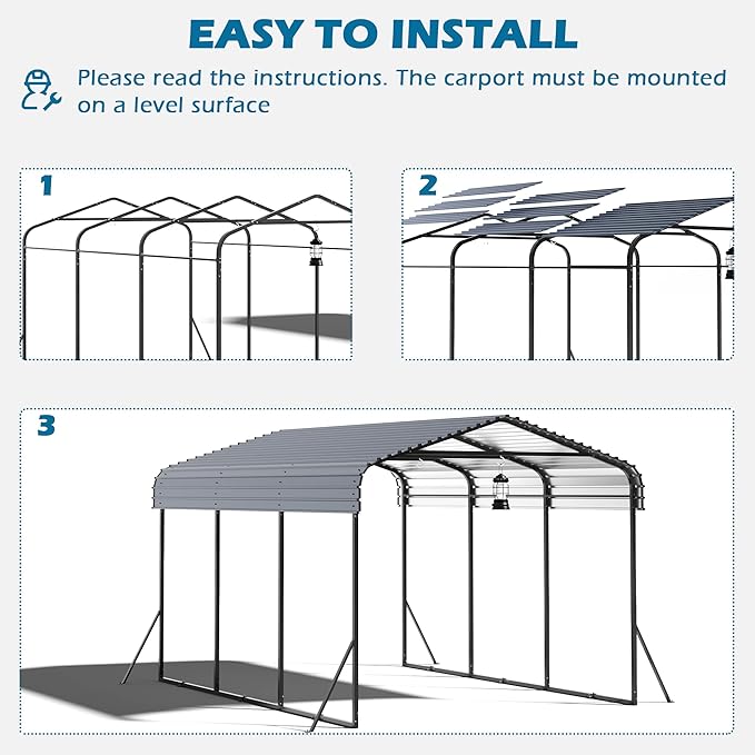 10x15 Carport Heavy Duty, Metal Carport with Galvanized Steel Roof, Metal Car Garage Multi-Use Shelter Outdoor Portable for Car, Boat, Pickup and Tractor, Black