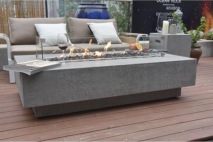 Hampton Fire Table Outdoor Fire Pit 56 x 32 Cast Concrete Firepit Includes Lava Rocks 45,000 BTUs Outdoor Fireplace for Patio Furniture Set, Deck, Porch, Outdoor Heater - Liquid Propane
