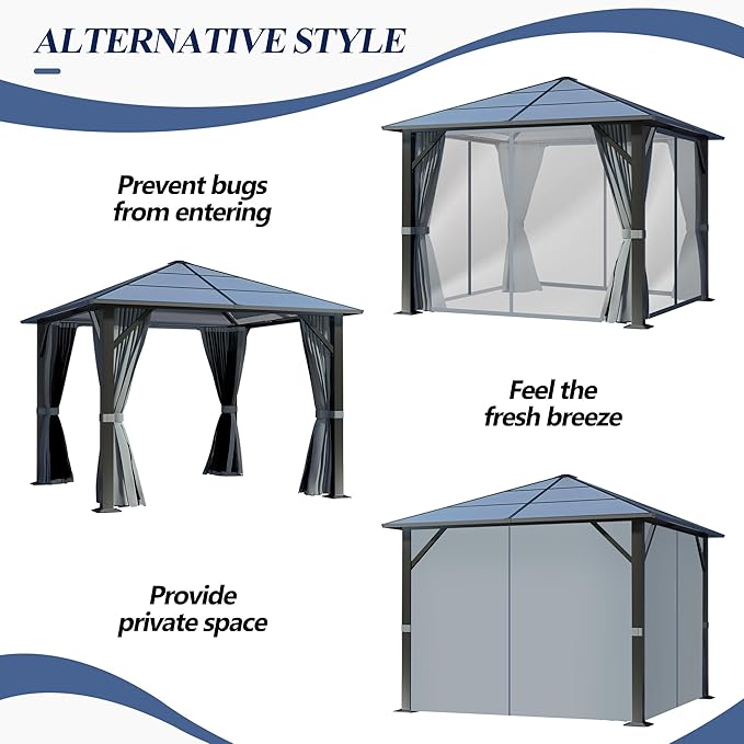 GARTOO 9.5'x9.5' Outdoor Hardtop Gazebo, Patio Gazebo with Translucent Roof, Polycarbonate Top Metal Frame Garden Tent with Breathable Mesh and Privacy Curtains for Patio Lawn Garden Backyard, Gray