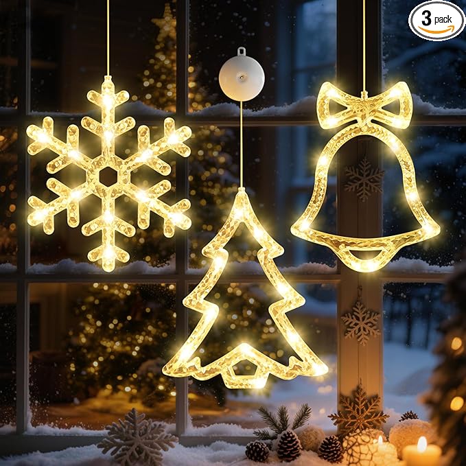 3Pack Christmas Window Lights Decorations with Timer,Battery Powered Christmas Hanging Warm White Lighted Snowflake Tree Bells Shaped LED Sucker for 2026 Xmas Tree Fireplace Indoor Decor