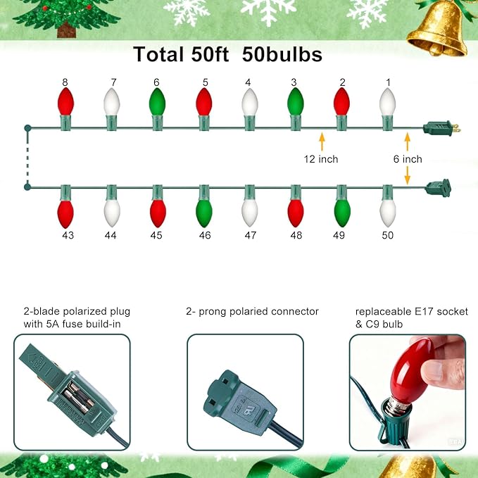 C9 LED Outdoor Christmas Lights,C9 String Lights with Quick Clips,for Xmas House Roof Gutter,Plug in & Connectable,50FT 50 Light,Red Green White