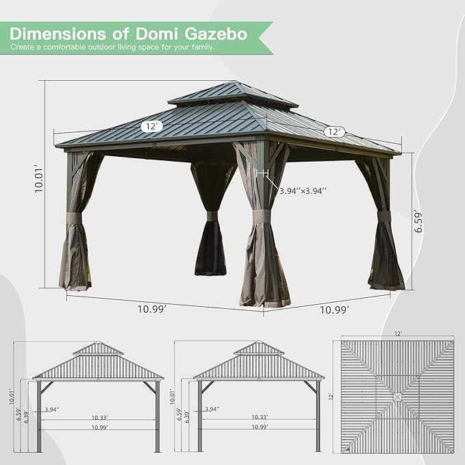 Domi Hardtop Gazebos 12x12FT, Aluminum Metal Gazebo with Galvanized Steel Double Roof Canopy, Curtain and Netting, Permanent Gazebo Pavilion for Patio, Backyard, Deck and Lawn, Grey
