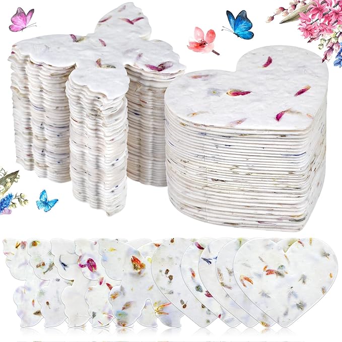 100 Pcs Handmade Seed Paper Plantable Wildflower Seed Paper Recycled Flower Petals Tags Wedding Favors for Guests Craft Gifts Cards for Envelope Birthday Party, 5 Styles (Heart/Butterfly)