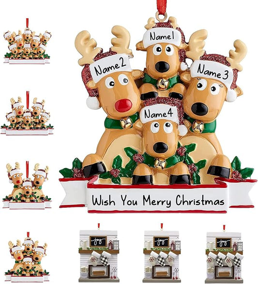 Personalized Christmas Ornaments 2025 Reindeer Family of 2/3/4/5/6/7/8 Deer Custom Christmas Ornaments with Names Customized New Year Keepsake Christmas Tree Decorations（Family of 4）