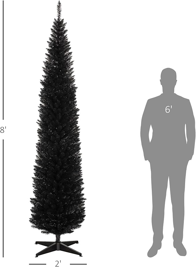 HOMCOM 8' Artificial Pencil Christmas Tree, Slim Xmas Tree with 618 Realistic Branch Tips and Plastic Stand, Black
