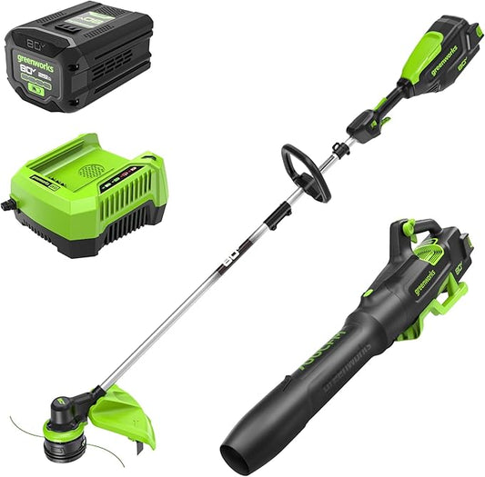 Greenworks 80V 16 Brushless Cordless String Trimmer and 700 CFM Leaf Blower Combo Kit, 2.5Ah Battery and Charger Included