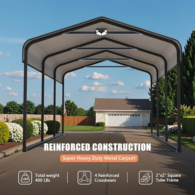 10x15 Metal Carport, Galvanized Steel Roof Car Port with Remvoable Polyethylene Sidewalls