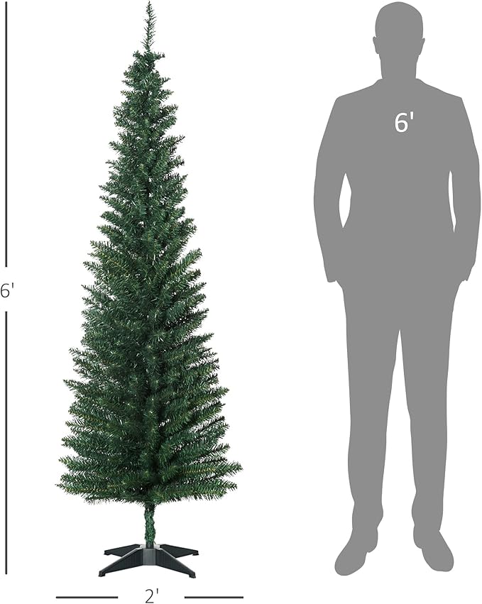 HOMCOM 6' Artificial Pencil Christmas Tree, Slim Xmas Tree with 390 Realistic Branch Tips and Plastic Stand, Green