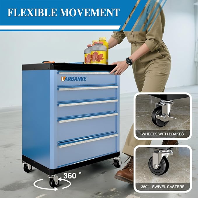 LARBANKE 5-Drawer Rolling Tool Chest with 360¡Æ Wheels and Lock&Keys,Tool Cabinet with Non-slip Pearl Cotton Mat and Multifunctional Countertop,Connecting Rods Can Be Connected with 7-Drawer Tool Chest