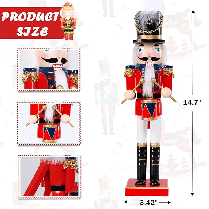 Christmas Nutcracker Decorations Nutcracker Figure 15 Inch Wooden Nutcrackers Collectible Ornament Nutcrackers Soldier for Table Desktop Home Christmas Decor Xmas Indoor Decor red Blue Beat a Drum