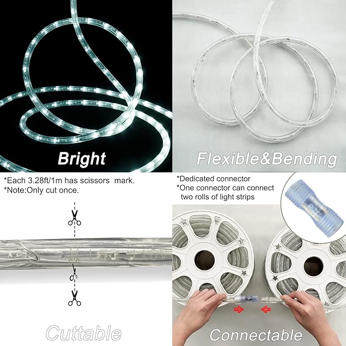 SURNIE LED Rope Lights Outdoor Waterproof: 150FT LED Rope Lighting Dimmable - 110V 6500K Daylight White String Light Tube Cuttable Connectable for Garden Patio Party Indoor Decoration, Not Flat Strip