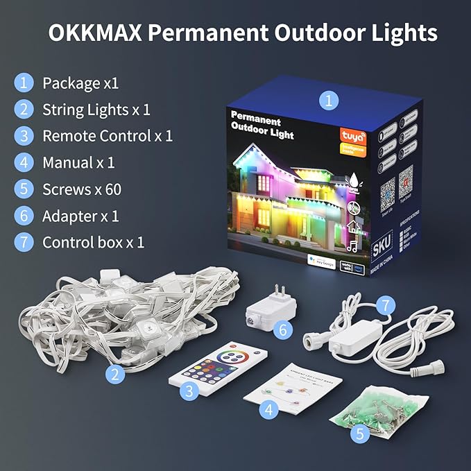 50ft Permanent Outdoor Lights with 30 LEDs, IP68 Waterproof Smart RGB+IC LED Christmas Light with 75 Scene Modes, Holiday Lights for Christmas Halloween, Work with Wi-Fi, Alexa & Google Assistant