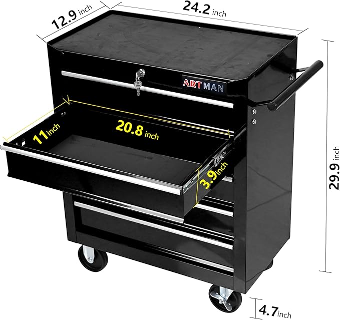 RYH 5Drawers Rolling Tool Chest & Tool Box on Wheels | Heavy Duty Metal Cart with Ball Bearing Drawers | Fits US General Tool Box for Garage Storage (Black, 5 Drawers£¨29.9 H ¡¿ 24.2 W ¡¿ 12.9 D)