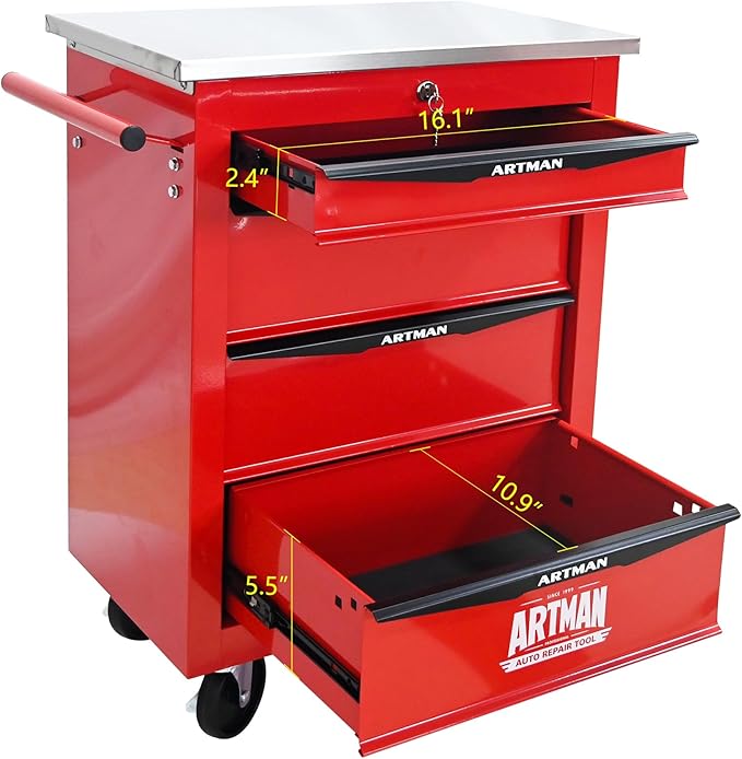 RYH 4/5/6/7 Drawers Rolling Tool Chest -Heavy Duty Mobile Metal Tool Box with Locking Wheels, with Stainless Steel Worktop, Garage Tool Storage Cabinet (Red, 4-Drawers 30.7 H¡¿22.2 W)