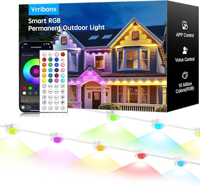 50FT Permanent Outdoor RGB Lights,IP67 Waterproof Smart LED Eaves Lights with App/Remote Control,for Christmas and All Holiday Decor,Daily and Accent Lighting,House Roof and Garden Lighting