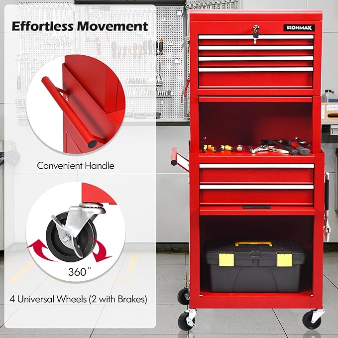 IRONMAX Tool Cabinet on Wheels, 6-Drawer Lockable Rolling Tool Chest w/ 4 Universal Wheels, 2 in 1 Detachable Tool Box Storage Organizer for Garage Workshop Repair Shop, Red