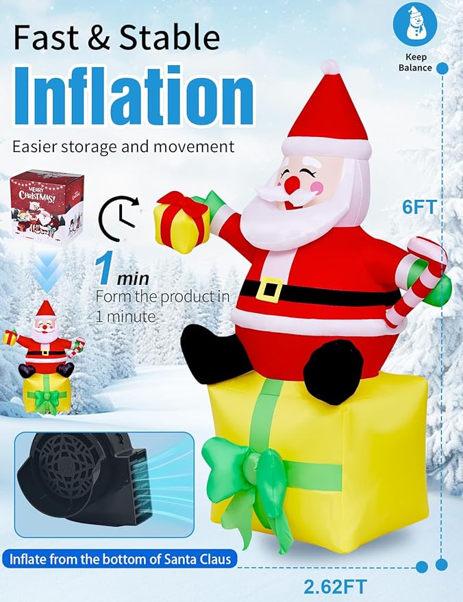 6FT Christmas Inflatables Outdoor Decorations,Inflatable Santa Claus Sitting on Gift Box Build-in LED Light-Christmas Blow Up Yard Decorations for Holiday Garden Lawn Yard Patio
