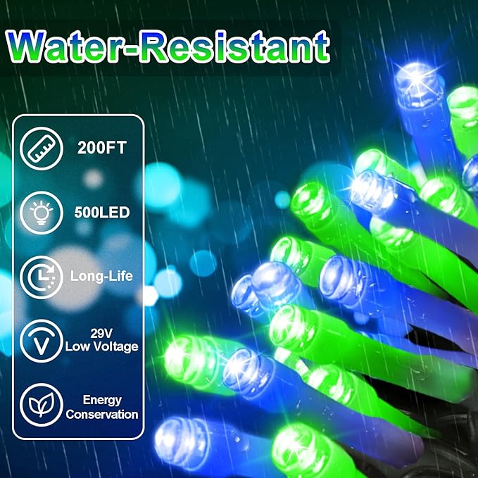 200 FT 500 LED Christmas Lights Outdoor Fairy Lights Plug In Extra Long String Lights Clear Wire Waterproof 8 Modes Timer for Outside House Tree Garden Yard Wedding Party Decorations-Blue & Green