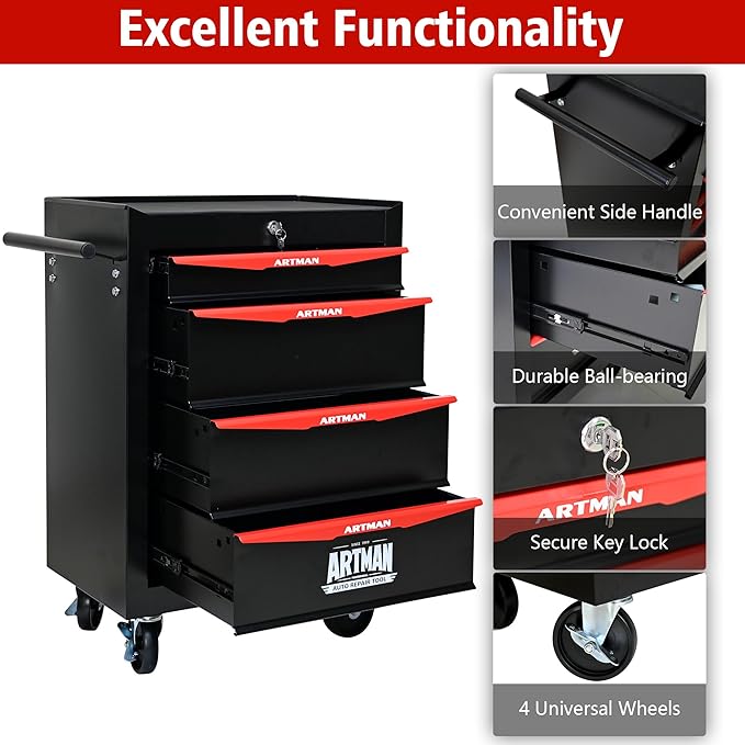 RYH 4/5/6/7 Drawers Rolling Tool Chest - Heavy Duty Mobile Tool Cart with Locking Wheels & Ball Bearing Drawers, 30.5 H x 20.9 W x13 D Garage Tool Storage Cabinet£¬Metal Tool Box (Black, 4 Drawers)