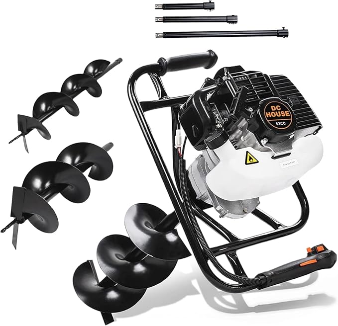DC HOUSE Post Hole Digger, 52cc 1800W Gas Powered Earth Auger Earth Digger, Auger Post Hole Digger with Two Drill Bit 6 & 10 and Extension Rods, for Fence, Farmland and Garden, EPA Certified