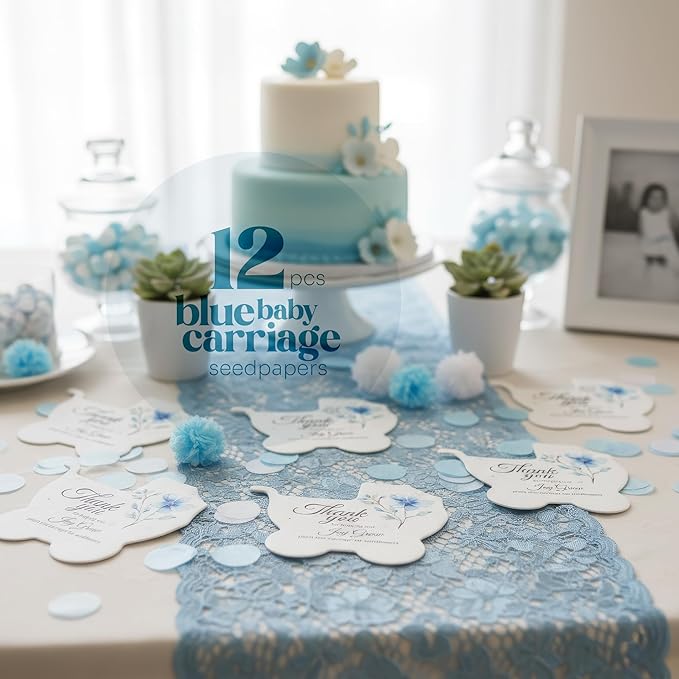 Baby Carriage Seed Paper – 12 pcs Blue Baby Shower Favors for Guests with Wildflower Seeds, Writable & Plantable, Gender Reveal, Birthday Gifts for Guest