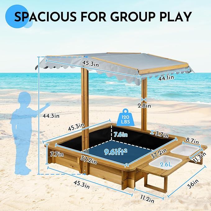 Sandbox with Lid, Outdoor Wooden Kids Sand Box with Adjustable Canopy & Two Toy Basins, Sandbox with Cover for Backyard, Beach, Gift for Kids Aged 2-8, Bottom Liner & UV-Resistant, 45''