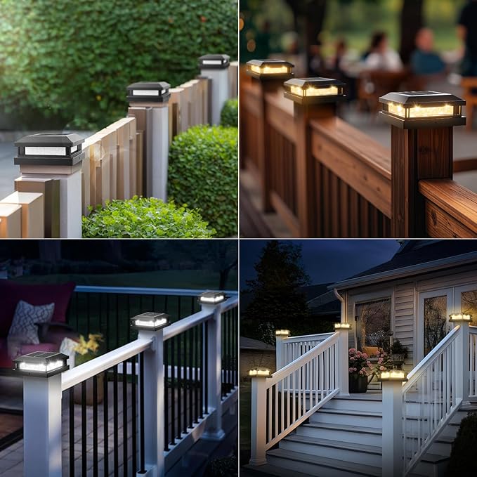 Solar Post Cap Lights Outdoor 12 Packs for 4x4 5x5 Vinyl/Wooden Posts, Waterproof Solar Powered Fence Post Light with Warm/Cool Lighting, Black 16LEDs Deck Cap Light for Garden, Patio, Porch