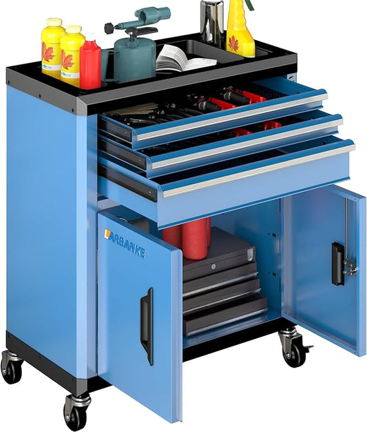 LARBANKE Rolling Tool Chest with Lock&Keys,360¡Æ Wheels and Drawer Liners,Tool Cabinet with 3 Drawers&2 Doors,Tool Cabinet Equipped with Connecting Rods for Stacking with 5&7-Drawer Chest