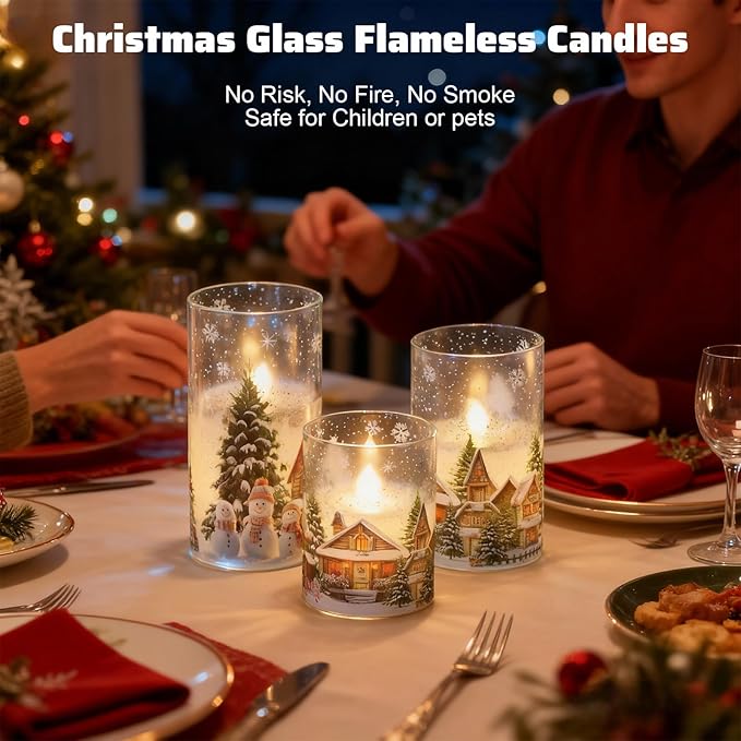 Wondise Chrismtas Snowman Glass Flameless Candles with Remote Timer, Battery Operated Real Wax LED Flickering Pillar Candles with Christmas Tree Decal for Christmas Decoration