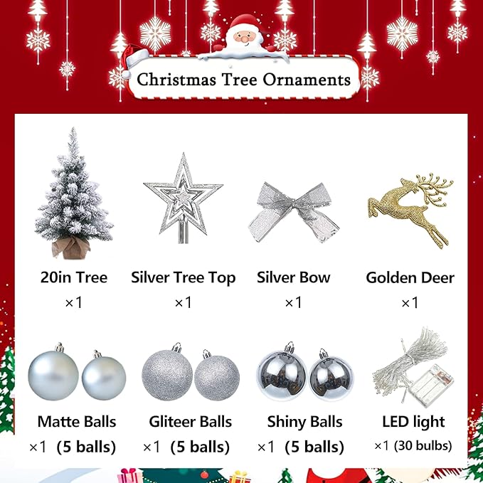 Mini Christmas Tree Prelit, Small Artificial Christmas Tree with Lights, Pre Lit Little Decoration for Table Top Home Cafe Office, Snow Flocked