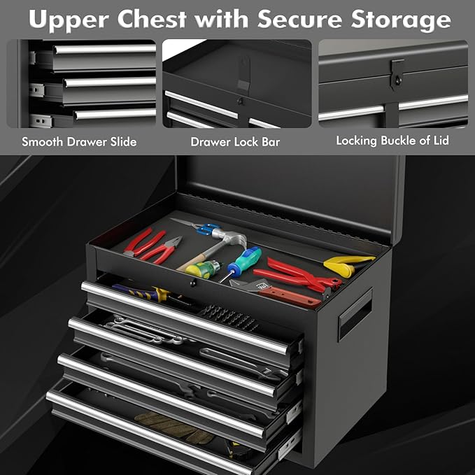 Goplus Tool Chest, 5 Drawers Rolling Tool Cabinet with Detachable Top Toolbox, Universal Lockable Wheels, Lock Bar, Protective Liner & Tool Rack, Metal Tool Storage Cart, Tool Box for Garage Workshop